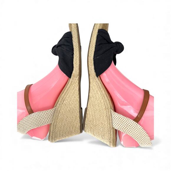 LUCKY BRAND Black Canvas & Jute Open Toe Wedges 9 Coastal Boho Neutral Twee - Picture 6 of 9